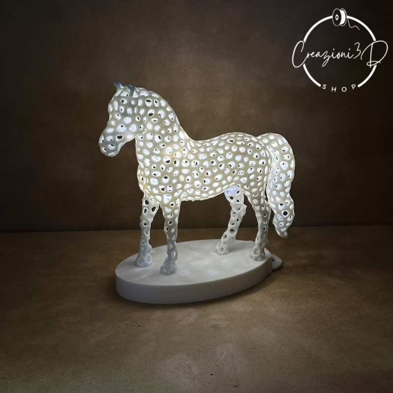 cavallo bianco con lucine stampante 3d in PLA, bioplastica atossica ed ecosostenibile
