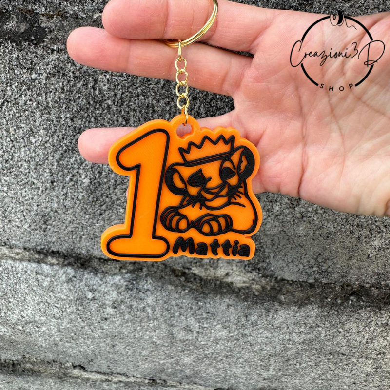 portachiavi in PLA, bioplastica atossica, per primo compleanno, tema simba con nome